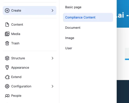Dropdown menu in a web application interface showing content options